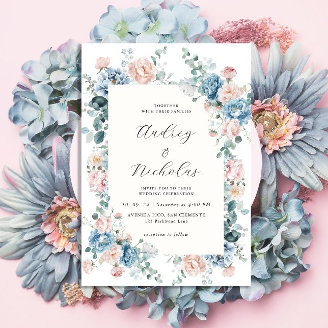 Dusty Blue and Peach Elegant Floral Wedding Invitation (Creator Uploaded)
