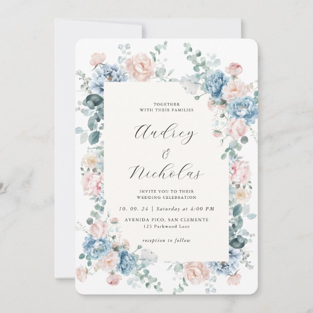 Dusty Blue and Peach Elegant Floral Wedding Invitation (Front)