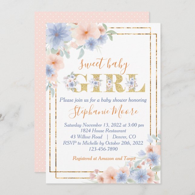Dusty Blue and Peach Floral Baby Shower Invitation (Front/Back)