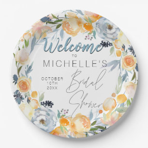 Dusty Blue and Peach Floral Bridal Shower Paper Plate