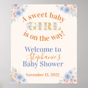 Dusty Blue and Peach Floral Girls Baby Shower Poster
