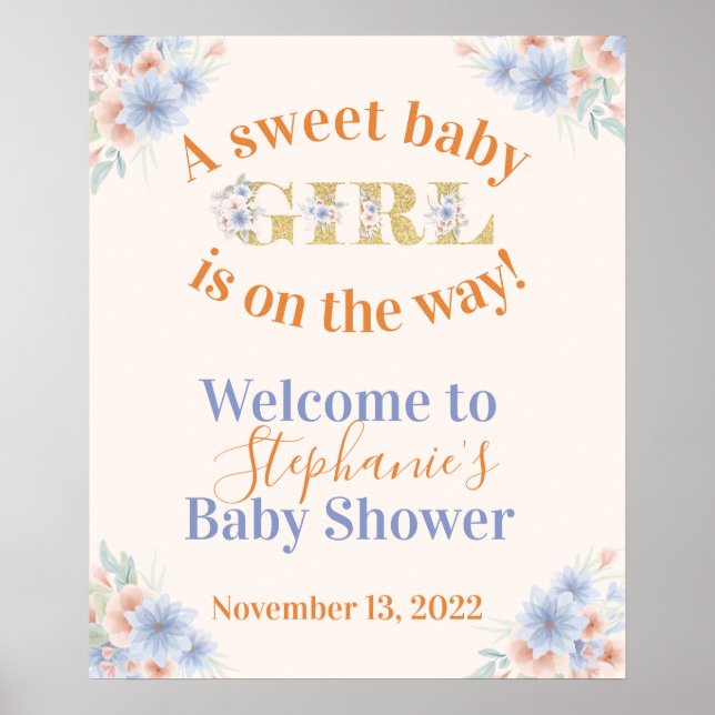 Dusty Blue and Peach Floral Girls Baby Shower Poster (Front)
