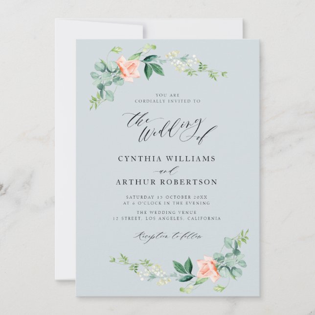 dusty blue and peach floral wedding invitation (Front)