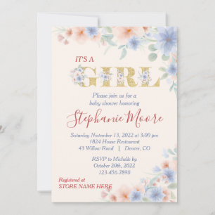 Dusty Blue and Peach (Ver.2) Floral Baby Shower Invitation