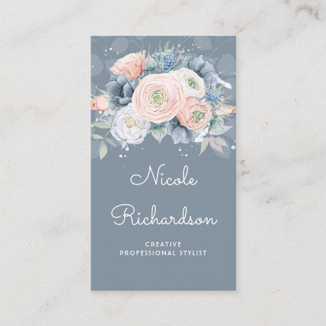 Dusty Blue and Peachy Roses Elegant Floral Pastels Business Card (Front)