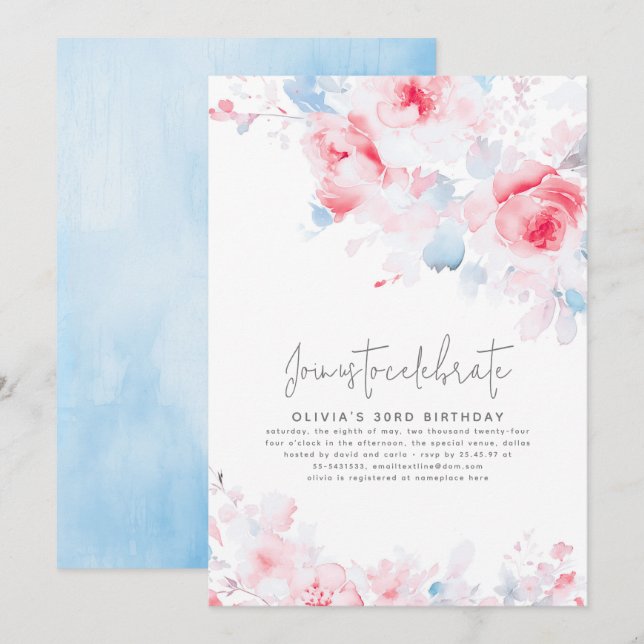 Dusty Blue and Pink Floral Elegant Birthday Invitation (Front/Back)