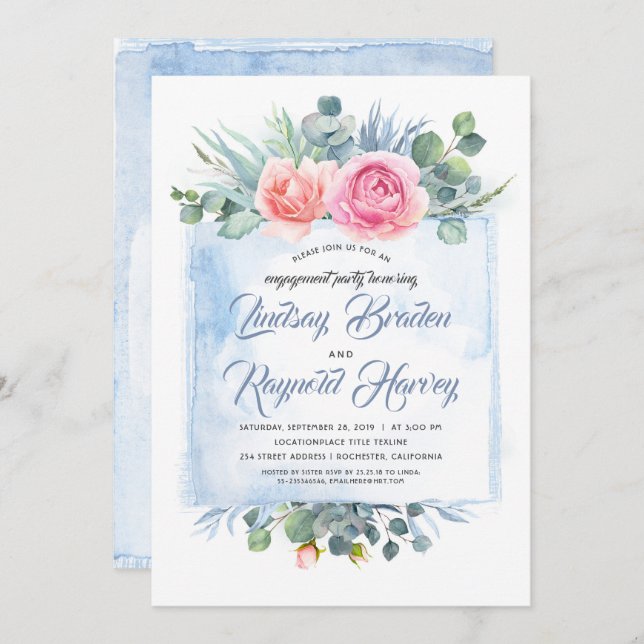 Dusty Blue and Pink Floral Engagement Party Invitation (Front/Back)
