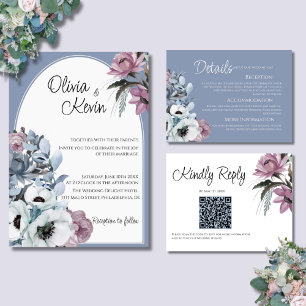 Dusty Blue and Pink Floral Modern Arch Wedding Invitation