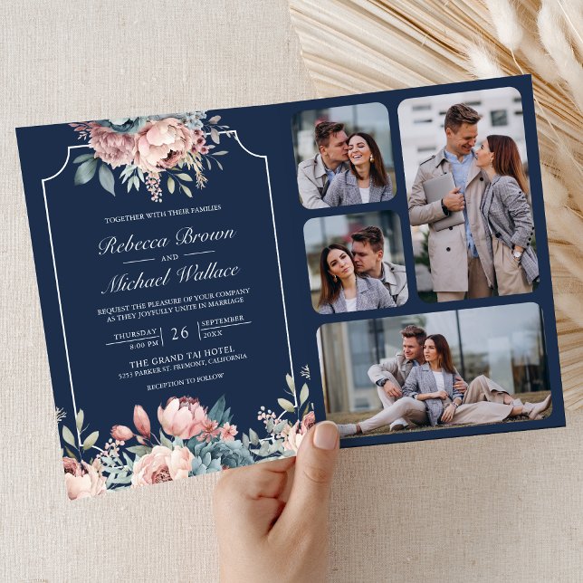 Dusty Blue and Pink Floral Navy QR Code Wedding Invitation (Creator Uploaded)