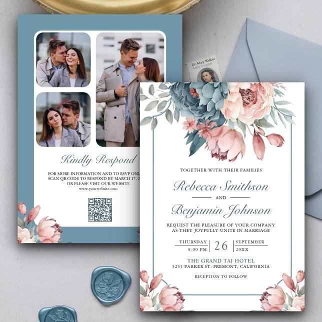 Dusty Blue and Pink Floral QR Code Wedding Invitation (Creator Uploaded)