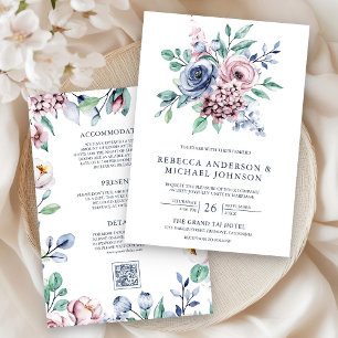 Dusty Blue and Pink Floral QR Code Wedding Invitation