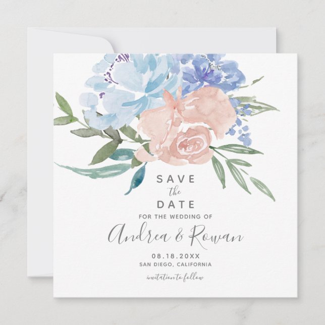 Dusty Blue and Pink Floral Save The Date Announcement (Front)