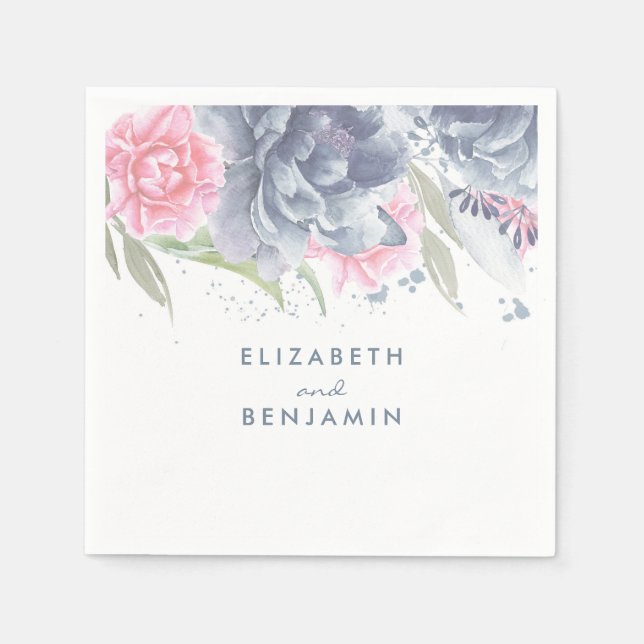 Dusty Blue and Pink Floral Watercolors Napkin (Front)