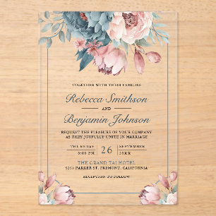 Dusty Blue and Pink Floral Wedding Acrylic Invitations