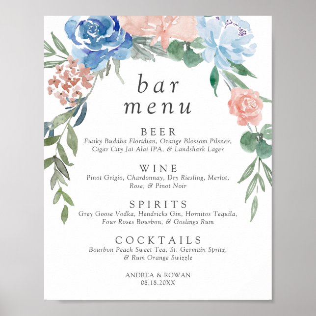 Dusty Blue and Pink Floral Wedding Bar Menu Poster (Front)