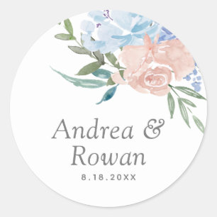 Dusty Blue and Pink Floral Wedding Classic Round Sticker
