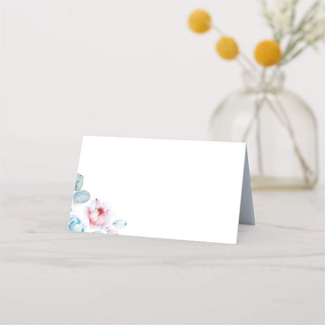 Dusty Blue and Pink Floral Wedding Place Card (Front)
