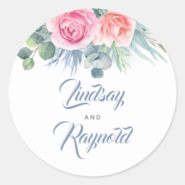 Dusty Blue and Pink Floral Wedding Seals (Front)