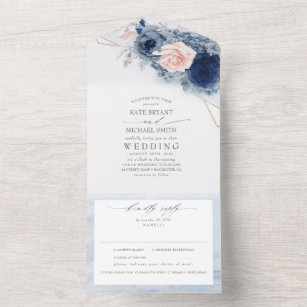 Dusty Blue and Pink Flowers Elegant Modern Wedding All In One Invitation