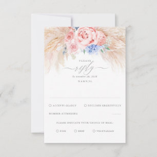 Dusty Blue and Pink Flowers Exotic Wedding RSVP Card