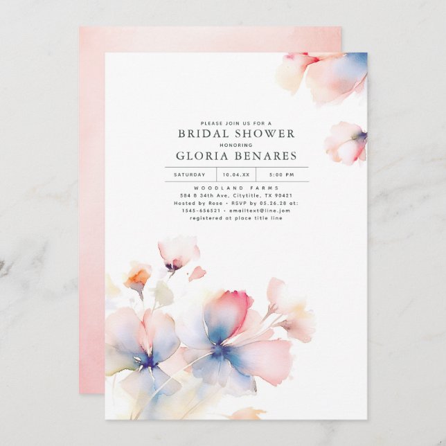 Dusty Blue and Pink Flowers Modern Bridal Shower Invitation (Front/Back)