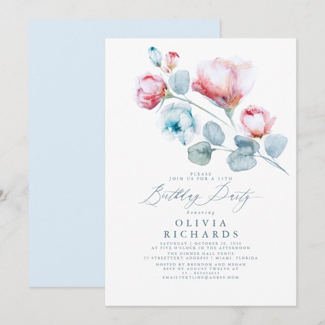 Dusty Blue and Pink Romantic Floral Birthday Invitation (Front/Back)