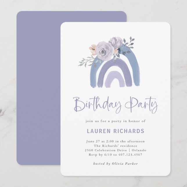 Dusty Blue and Purple Boho Rainbow Birthday Party Invitation (Front/Back)