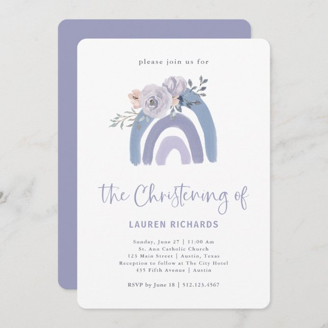 Dusty Blue and Purple Boho | Rainbow Christening Invitation (Front/Back)