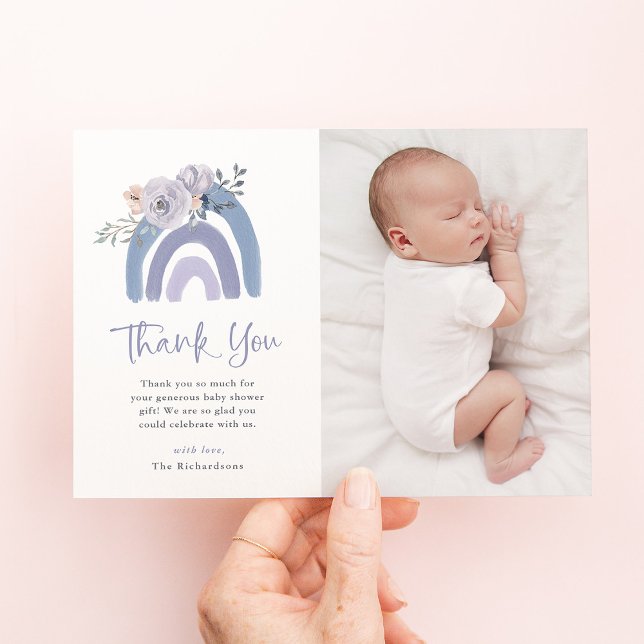 Dusty Blue and Purple | Rainbow Baby Shower Photo Thank You Card (Creator Uploaded)