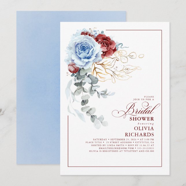 Dusty Blue and Red Floral Botanic Bridal Shower Invitation (Front/Back)