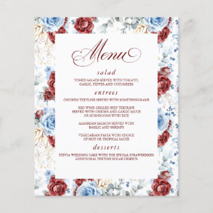 Dusty Blue and Red Floral Elegant Wedding Menu