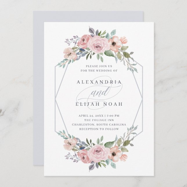 Dusty Blue and Rose Geometric Floral | Wedding Invitation (Front/Back)