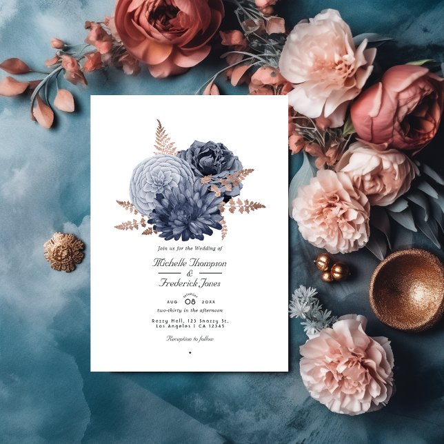 Dusty Blue and Rose Gold Floral Wedding QR Code In Invitation (Creator Uploaded)