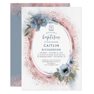 Dusty Blue and Rose Gold Glitter Baptism Invitation