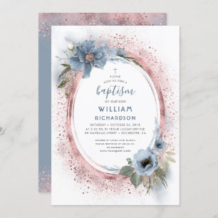 Dusty Blue and Rose Gold Glitter Baptism Invitation