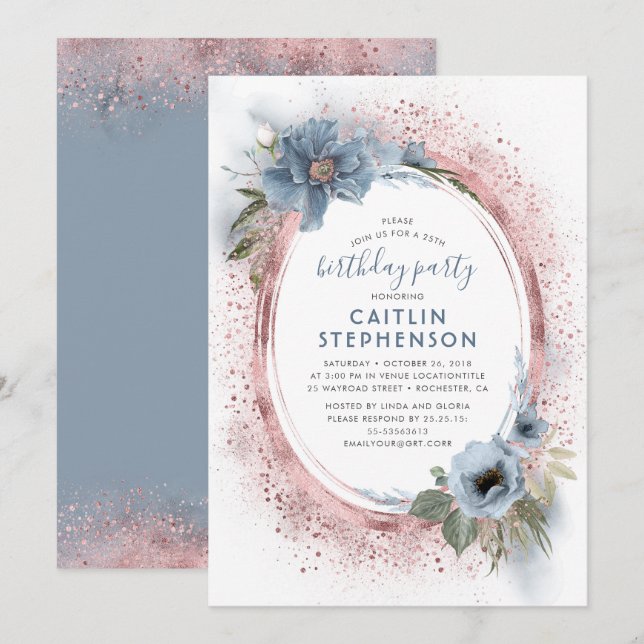 Dusty Blue and Rose Gold Glitter Birthday Party Invitation (Front/Back)