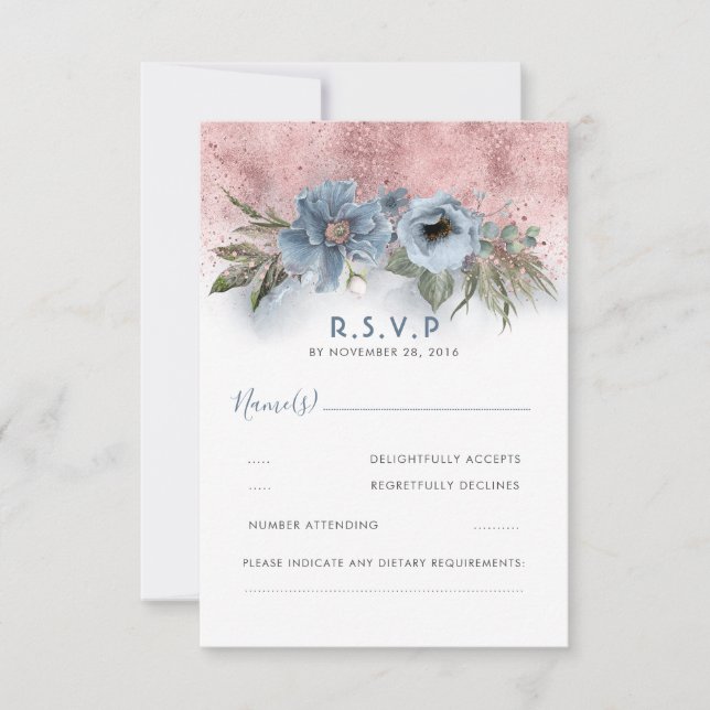 Dusty Blue and Rose Gold Glitter Boho Wedding RSVP (Front)