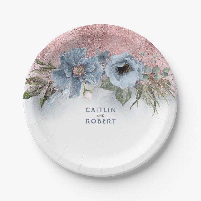 Dusty Blue and Rose Gold Glitter Elegant Modern Paper Plate (Front)