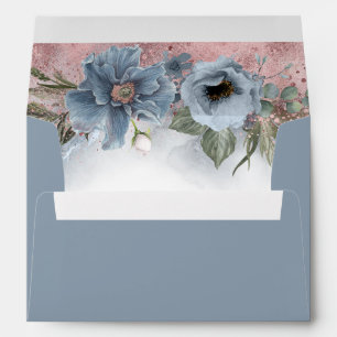 Dusty Blue and Rose Gold Glitter Floral Modern Envelope