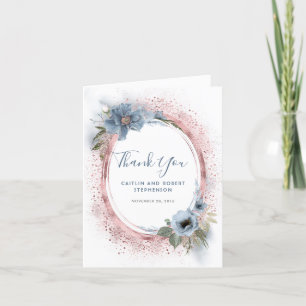 Dusty Blue and Rose Gold Glitter Floral Thank You Card