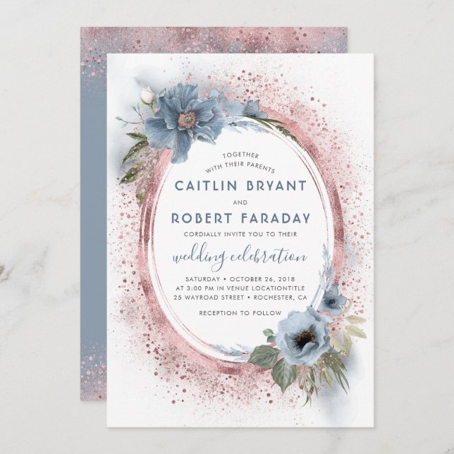 Dusty Blue and Rose Gold Glitter Floral Wedding Invitation (Front/Back)