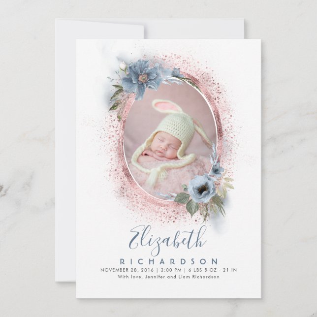 Dusty Blue and Rose Gold Photo Baby Birth Announcement (Front)