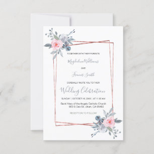 dusty blue and rose pink wedding invitation