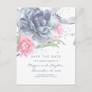 Dusty Blue and Rose Quartz Floral Save the Date Announcement Postcard