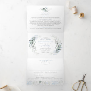 Dusty Blue and Sage Elegant Greenery Wedding Tri-Fold Invitation