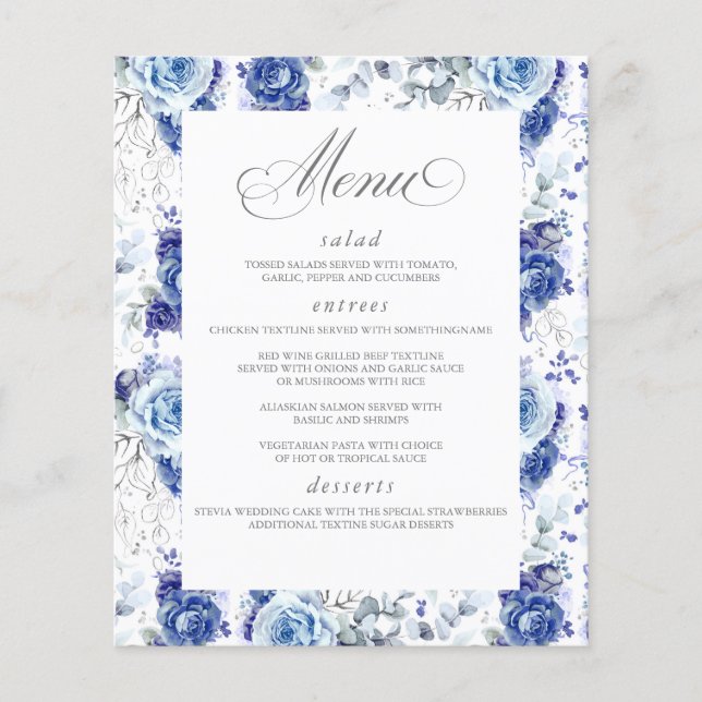 Dusty Blue and Silver Floral Elegant Wedding Menu (Front)