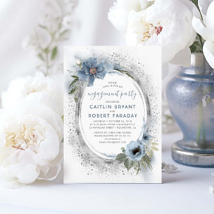 Dusty Blue and Silver Floral Engagement Party Invitation