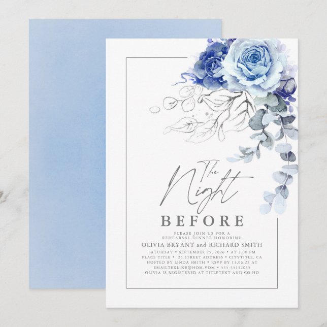 Dusty Blue and Silver Floral Rehearsal Dinner Invitation (Front/Back)