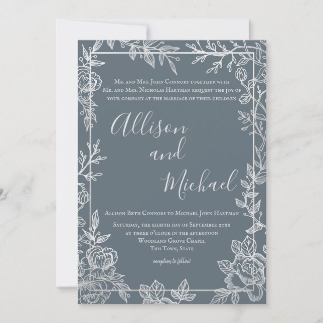 Dusty Blue and Silver Floral Sketch Frame Invitation (Front)