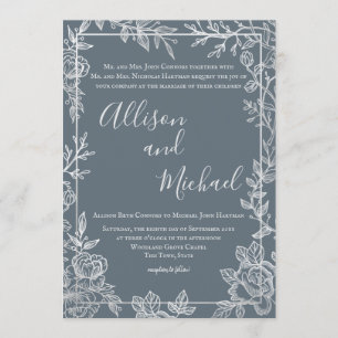 Dusty Blue and Silver Floral Sketch Frame Invitation